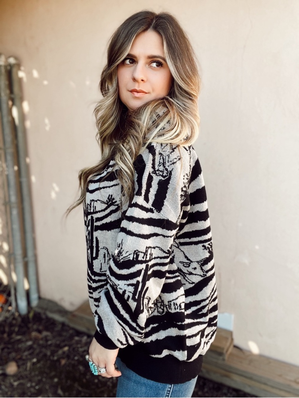 Women's Black & Cream Crew Neck Sweater - Desert Stripe Knit - Picture 4 of 7